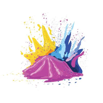 Vibrant piles of Holi powder in blue, pink, and yellow colors with a festive splash effect