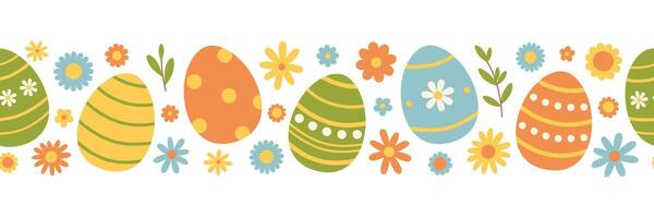 Easter seamless border with colorful eggs and flowers in green, yellow, blue and orange colors. Cute horizontal pattern. Holiday repeating banner. Flat illustration for greeting card, print vector