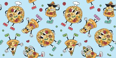 Seamless pattern groovy vintage characters pizza. Fast food. Illustration in retro style vector