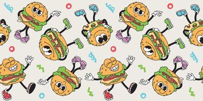 Seamless pattern groovy vintage characters hamburger, cheeseburger. Fast food. Illustration in retro style vector