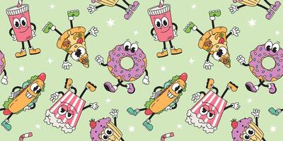Seamless pattern groovy vintage characters hot dog, donut, dessert. Fast food. Illustration in retro style vector