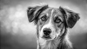 Curious dog portrait in black and white outdoor setting simplicity in focus captured close-up photo