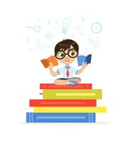 Cute Little Boy Sitting and Reading on Giant Stack of Books Illustration vector