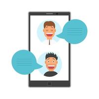 Men Face Avatars on Screen of Smartphone with Dialog Speech Bubbles, Social Media Networking Illustration vector