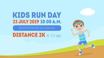 Kids Run Day Banner Template with Space for Text, Cute Boy and Running on Nature Landscape Illustration vector
