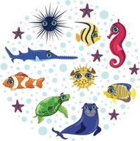 Sea Animals Seamless Pattern of Round Shape, Colorful Underwater Marine Creatures Illustration vector