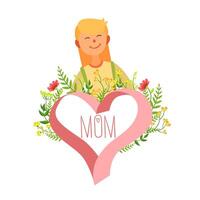 Mothers Day Card Template, Happy Beautiful Mother and Floral Frame in Shape of Heart Illustration vector