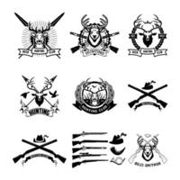 Set of hunting club logo, emblem, illustration in . Labels and Design elements camp, rest, hunting, deer silhouette, horns, heraldic elements. vector