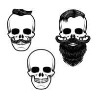 Set of skulls with mustache and beard. Retro design graphic element, emblem, logo, insignia, sign, identity, logotype, poster. T-shirt print design template. illustration. vector