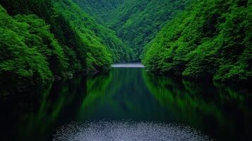 Serene Green Lake Surrounded by Lush Forest Tranquil Nature Scene Peaceful Landscape photo