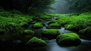Serene Mossy Stream in Lush Green Forest Tranquil Nature Scene Calm Water Flowing photo