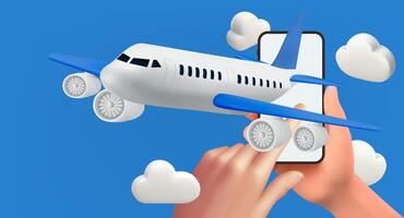 Airplane flying in clouds for travel. blue background for summer travel advertising design . Realistic 3d design of Travel concept in cartoon minimal style vector