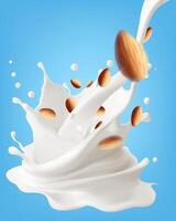 Milk splashing effect with almond in 3d illustration for Mesh gradient is used vector