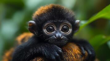 A close-up of a baby monkey with big eyes, looking directly at the camera. photo