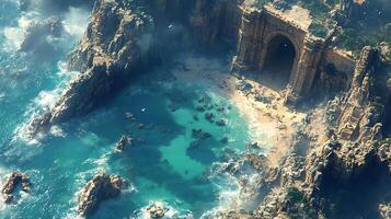 An aerial view of a secluded beach with a mysterious stone archway leading into the unknown. The crashing waves and rugged cliffs create a sense of wonder and intrigue. photo