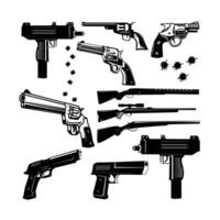 Big set of pistols and bullet holes isolated on white background. Handguns set on white background. Revolvers, hand guns and automatic handguns set. vector