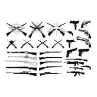 Big set of pistols and bullet holes isolated on white background. Handguns set on white background. Revolvers, hand guns vector