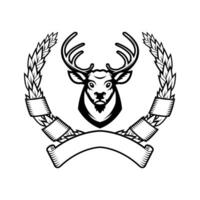 Deer head silhouette with wreath isolated on white background. Deer head emblem. Animal with horn. Deer logo template. design element. vector