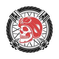 Born to ride. Skull in motorcycle helmet on background with wheel and crossed pistons. Design element for t-shirt print, poster, emblem. illustration. vector