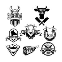 Fresh beef labels. Butchery store labels. Cow heads icons and butcher tools. Design elements for labels, badges, emblems, signs. illustration. vector
