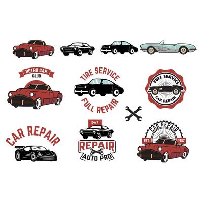 Set of Car repair service labels. Retro design graphic element, emblem, logo, insignia, sign, identity, logotype, poster. design elements.