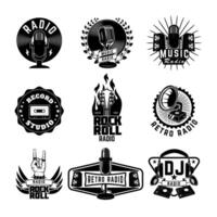 Radio labels. Retro radio, record studio, rock and roll radio emblems. Old style microphone, guitars. Design elements for logo, label, sign, badge. vector