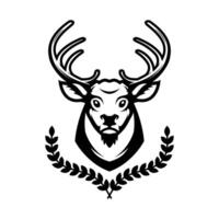 Deer head silhouette with wreath isolated on white background. Deer head emblem. Animal with horn. Deer logo template. design element. vector