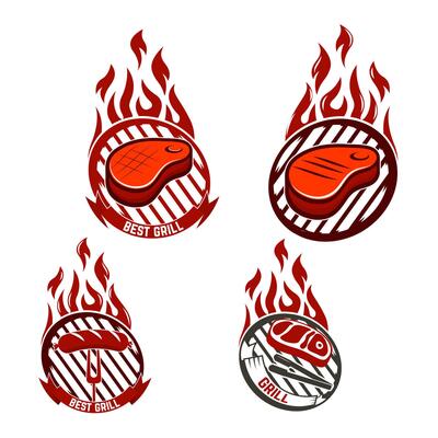 Set of Grill labels. Bbq and grill icons. Design elements for logo, label, emblem, sign, restaurant menu. illustration.