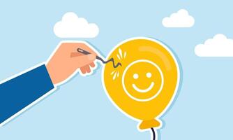 A hand tries to pop a balloon labeled with a happy emoticon using a needle, but the needle bends instead, illustration of market attention stability and resilience vector