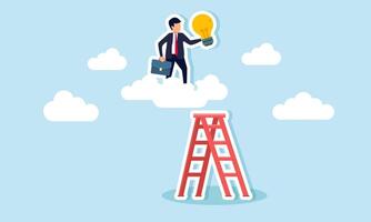 A businessman carrying a lamp climbs a cloud using a ladder, illustration of efforts in gaining creativity, ideas, and business innovation vector
