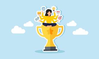 A businesswoman with many hands holding work-related items sits on a trophy, illustration of multitasking and multi-talented people building a leading company vector