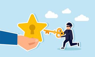 A thief holding a key runs towards a hand holding a star with a keyhole, illustration of corruption practices in manipulating business ratings and quality vector