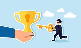 A thief holding a key runs towards a hand holding a trophy with a keyhole, illustration of corruption practices in manipulating the title of a leading company vector