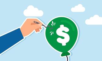 A hand tries to pop a balloon labeled with a dollar sign using a needle, but the needle bends instead, illustration of financial stability and resilience vector