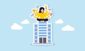 A businesswoman with many hands holding work-related items sits on top of an office building, illustration of multitasking and multi-talented people completing business tasks vector