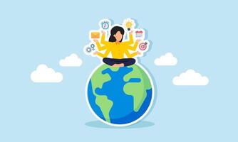 A businesswoman with many hands holding work-related items sits on a globe, illustration of multitasking and multi-talented people taking business to an international scale vector