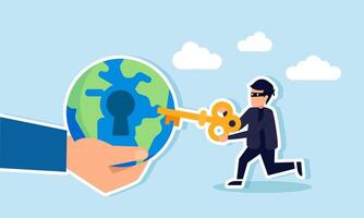 A thief holding a key runs towards a hand holding a globe with a keyhole, illustration of corruption practices in international scale business acquisitions vector
