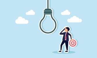 A businessman holds a target board, thinking with a light bulb hanging above, illustration of confusion in creativity, ideas, and innovation to meet business targets vector