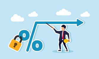 A businessman holding a lamp and a pointer explains an arrow originating from a sealed percent sign, illustration of education on the importance of creativity in business performance stability vector