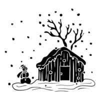 a black and white drawing of a house with a tree and snow vector
