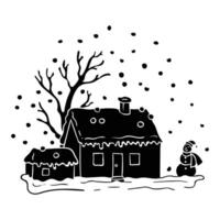 a black and white drawing of a house and a tree vector