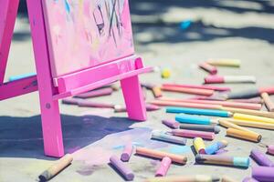 an easel painted in bright baby pink holds a canvas featuring a charcoal drawing accented with soft pastel colors. the ground is scattered with charcoal sticks and chalks photo
