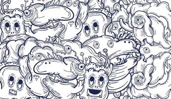 Doodle art pattern design in black and white brush style. It shows odd creatures interacting to give shape to new ones. The seamless design aligns in a mirrored way following two symmetrical axes vector