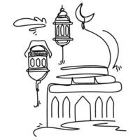 Black and white Islamic line drawings of mosques, stars, and crescent moons. Perfect for religious events, invitations, or decor themes vector