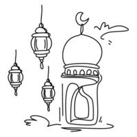 Elegant Islamic line art featuring mosques, crescent moons, and lanterns. Perfect for Ramadan, Eid, or Islamic-themed designs with a minimalist touch vector