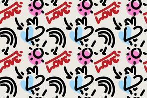 This of seamless patterns features playful designs with romantic elements, including doodled hearts, lips, and love typography vector