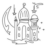 Intricate mosque and crescent moon line illustrations with hanging lanterns. Ideal for greeting cards, posters, and Islamic holiday decorations vector