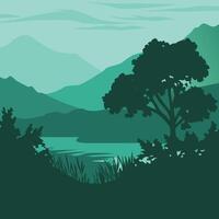 Serene Lake and Mountain Landscape with Lush Greenery vector