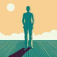 Person Standing on Striped Ground with Sun and Clouds vector