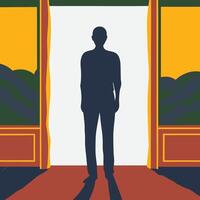 Silhouette of a Man at Threshold A Journey into the Unknown vector